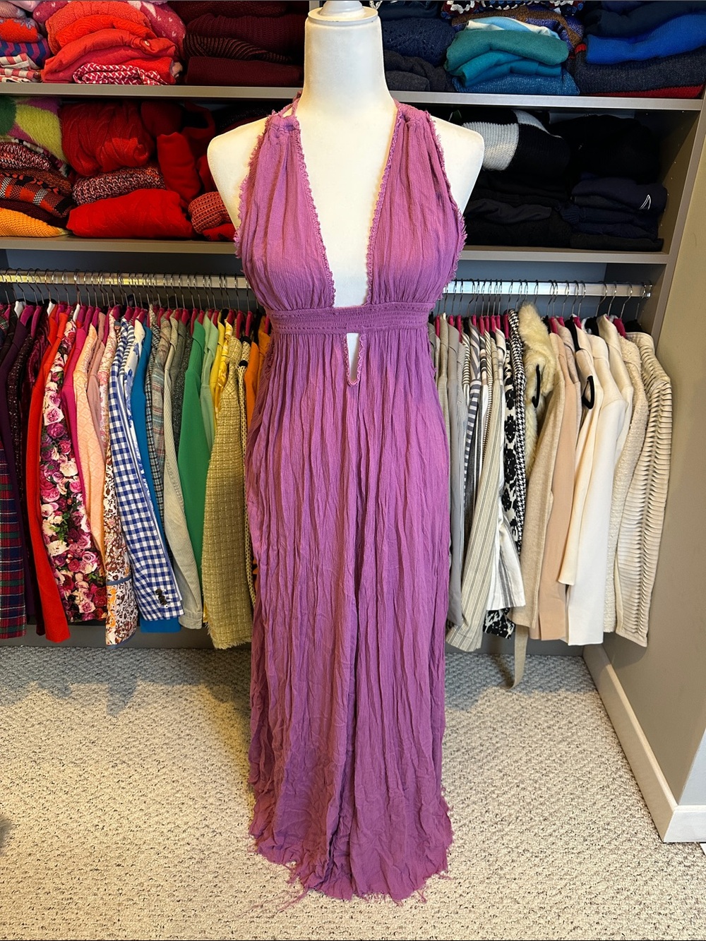 Free People purple halter neck side and back cut out raw edge maxi dress size XS